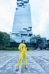 Lime Yellow Flamingo Art Co‑ord Set – Relaxed Shirt & Straight Pants